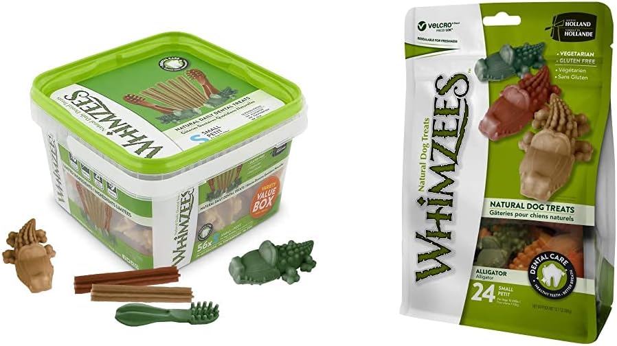 Natural Dental Dog Chew Long Lasting, Variety Box Mixed Shapes, Small, 56 Pieces & Natural Dental Dog Chews Long Lasting, Small Alligator, 24 Pieces