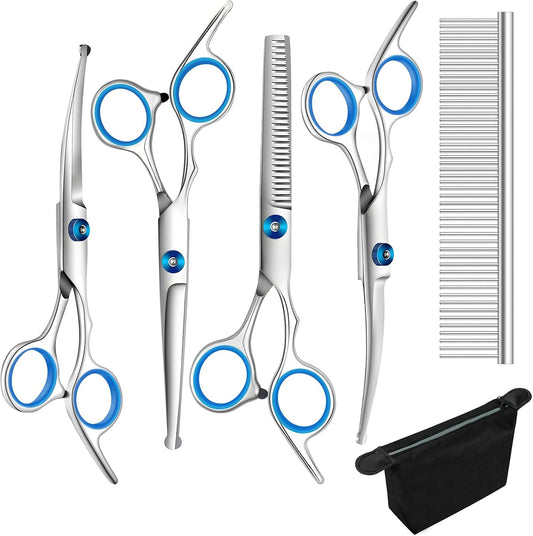 6 Pieces Dog Grooming Curved Scissor for Dog Professional Pet Grooming Scissors with Safety round Tip Stainless Steel Pet Hair Trimming Scissors Set with Storage Bag