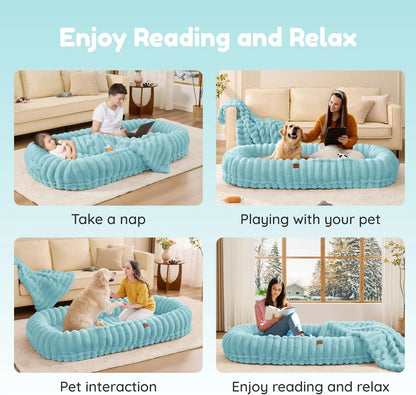 Human Dog Bed for Adult - Luxury Striped Faux Fur Giant Dog Bed with Portable Handle, Egg Orthopedic Foam Pad with Thick Blanket,Blue